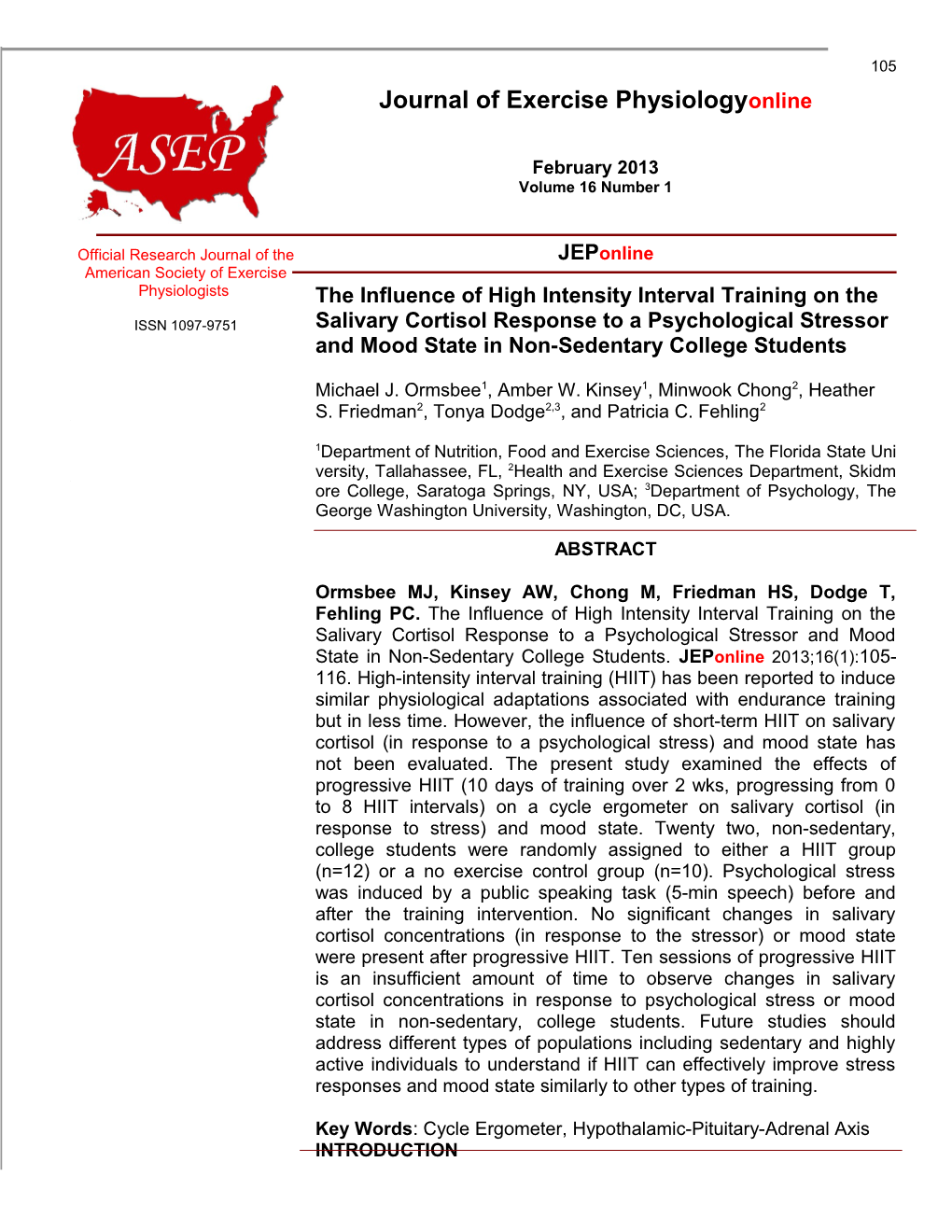 The Influence of High Intensity Interval Training on the Salivary Cortisol Response To