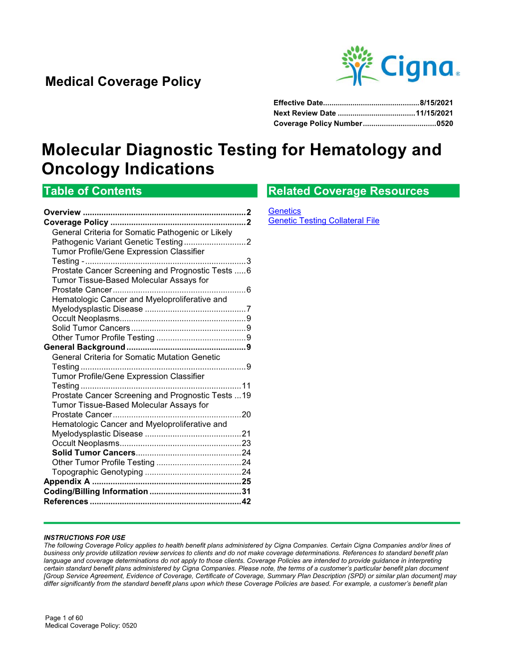 Molecular Diagnostic Testing for Hematology and Oncology Indications Table of Contents Related Coverage Resources