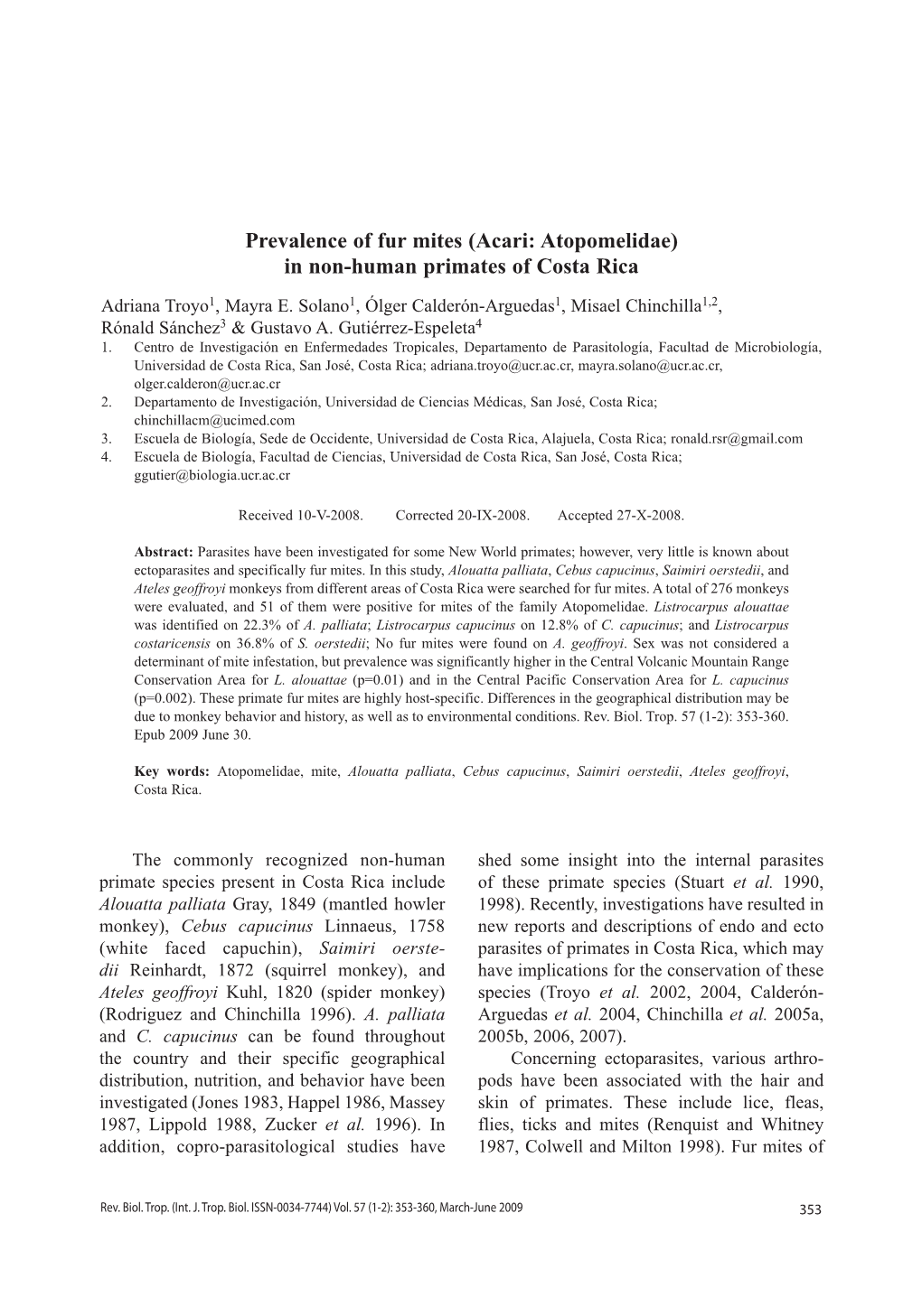 Prevalence of Fur Mites (Acari: Atopomelidae) in Non-Human Primates of Costa Rica