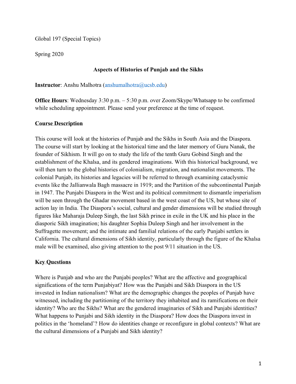 1 Global 197 (Special Topics) Spring 2020 Aspects of Histories of Punjab