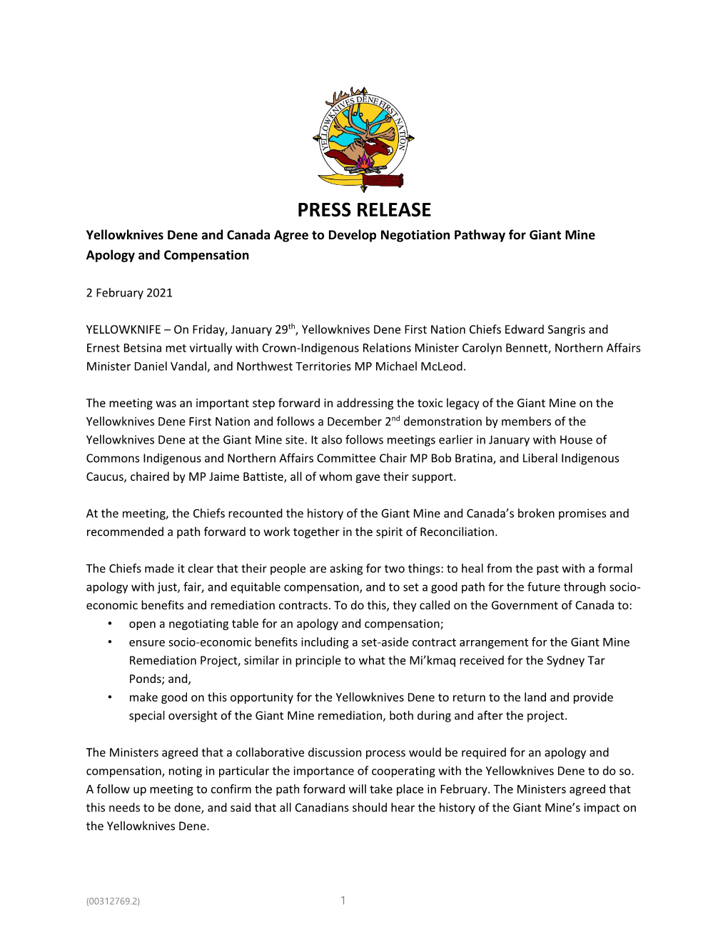 2020-09-18 YKDFN Press Release Re Giant Mine Compensation