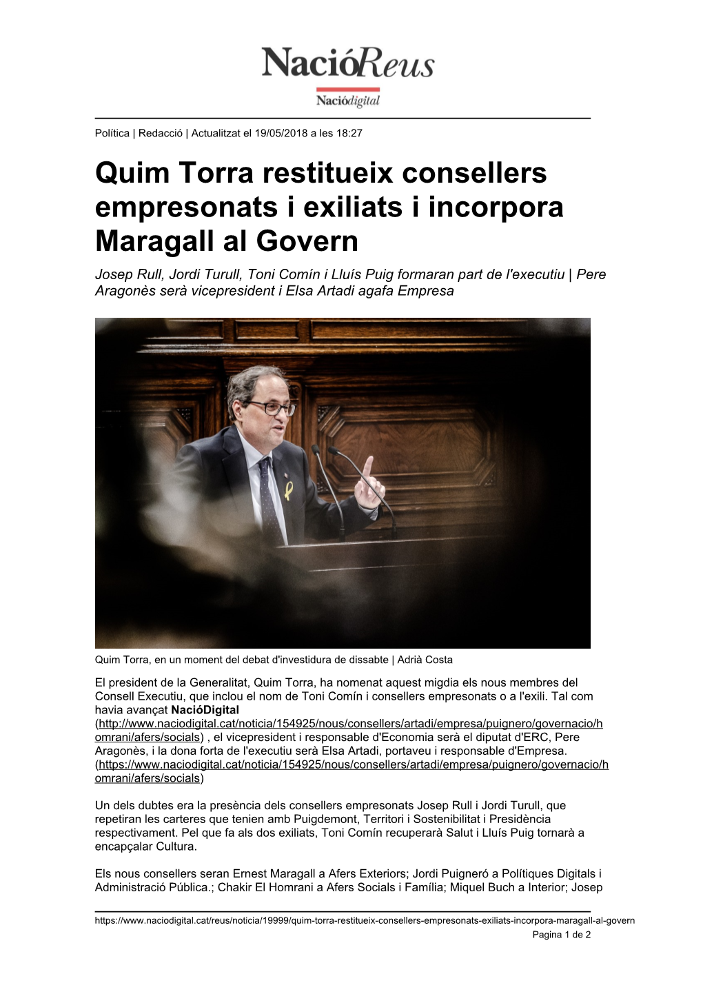 Quim Torra Restitueix Consellers Empresonats I Exiliats I Incorpora