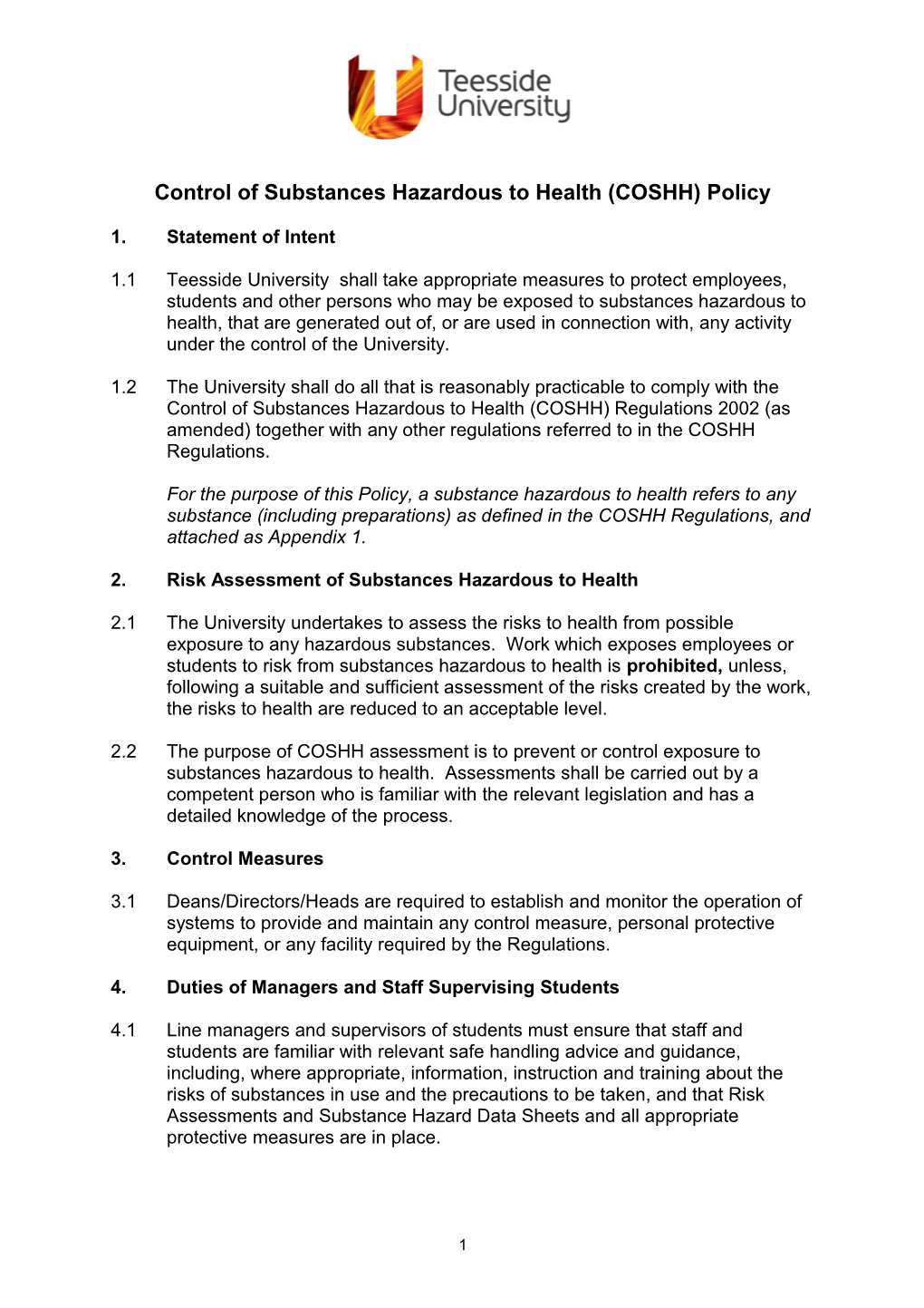 Control of Substances Hazardous to Health (Coshh) Policy