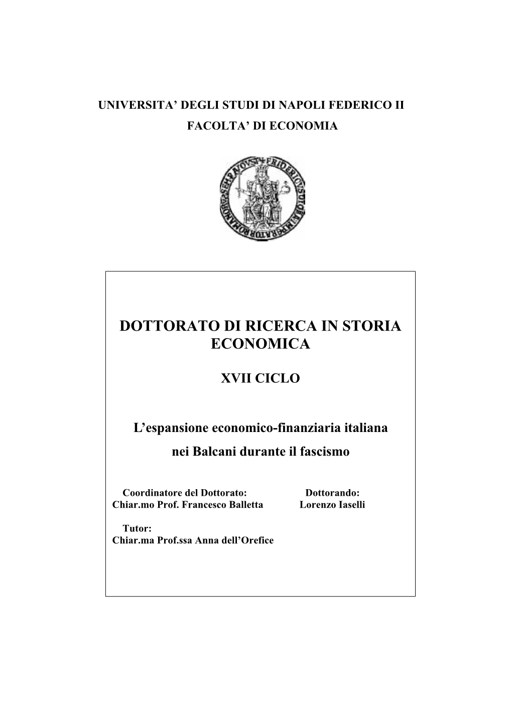 L. Iaselli, L'espansione Economico Finanziaria Italiana Nei