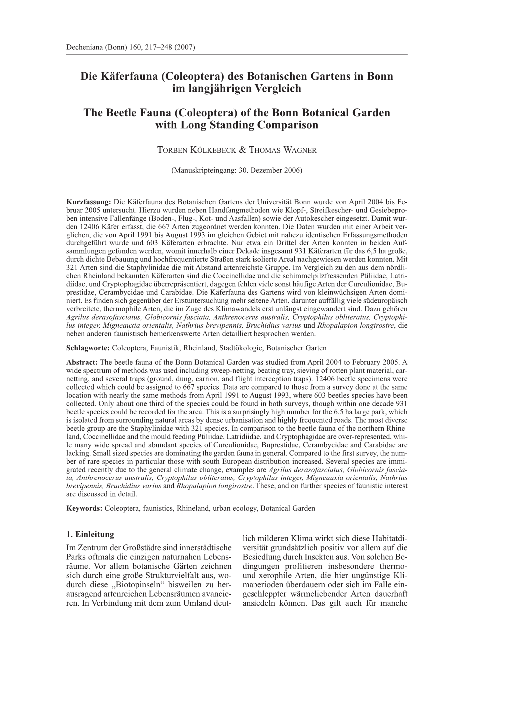 Die Käferfauna (Coleoptera) Des Botanischen Gartens in Bonn Im Langjährigen Vergleich