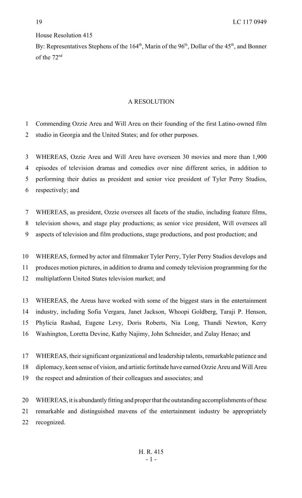 House Resolution 415 By: Representatives Stephens of the 164Th, Marin of the 96Th, Dollar of the 45Th, and Bonner of the 72Nd