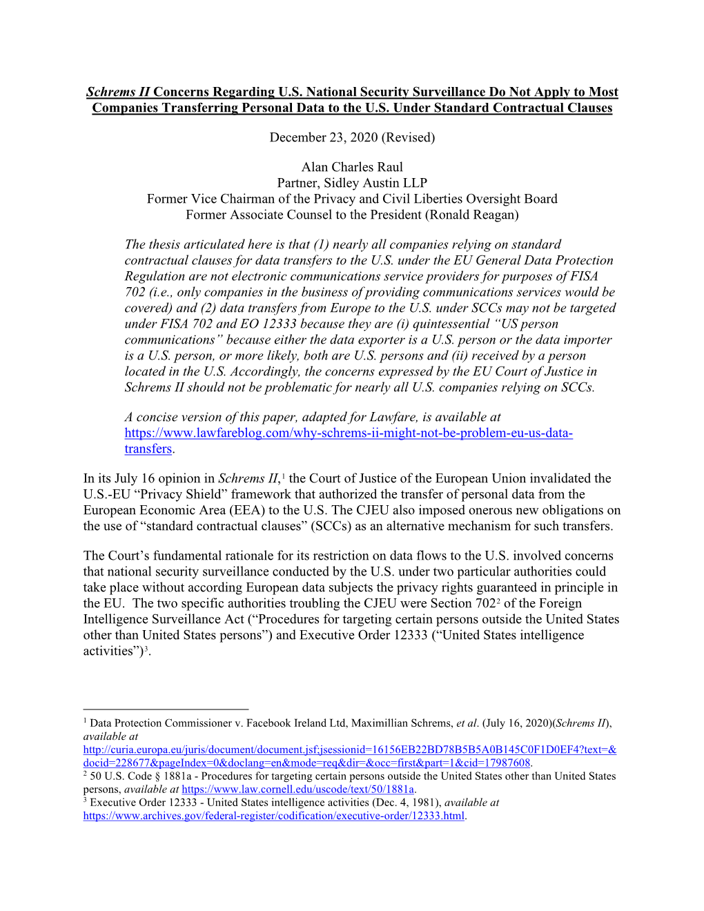 Schrems II Concerns Regarding U.S. National Security Surveillance Do Not Apply to Most Companies Transferring Personal Data to the U.S