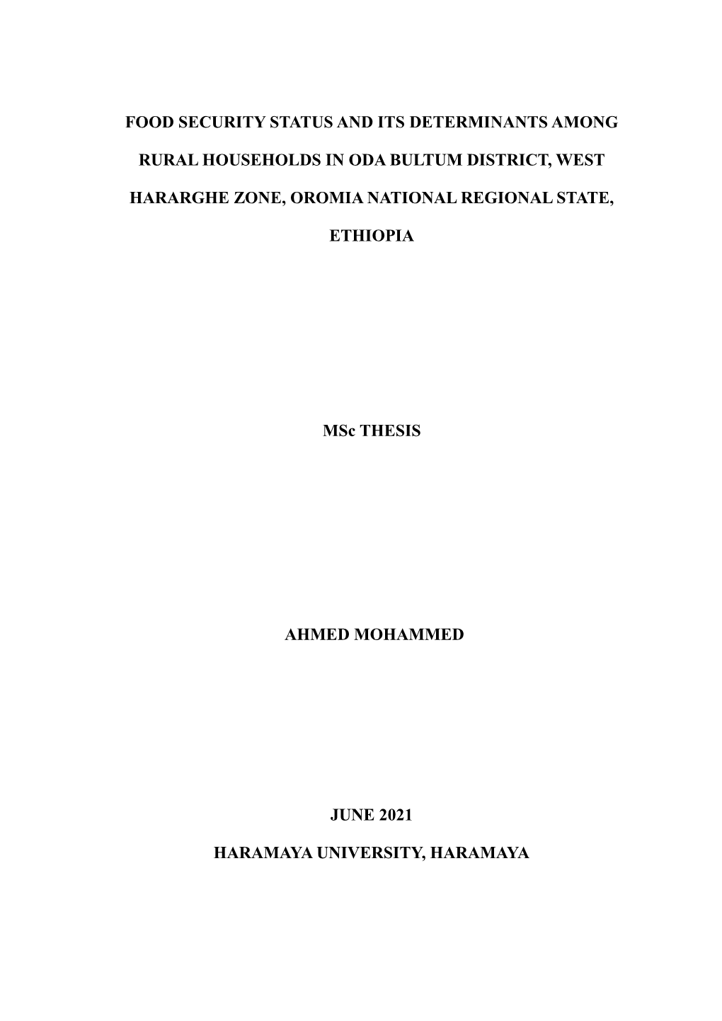 Food Security Status and Its Determinants Among Rural Households in Oda