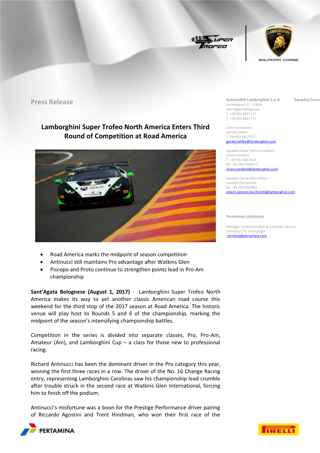Press Release Lamborghini Super Trofeo North America Enters Third