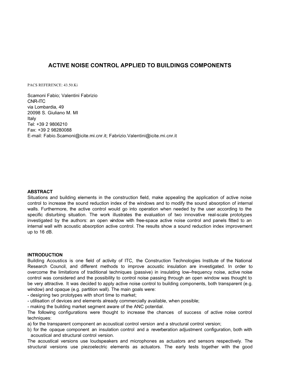 Active Noise Control Applied to Buildings Components