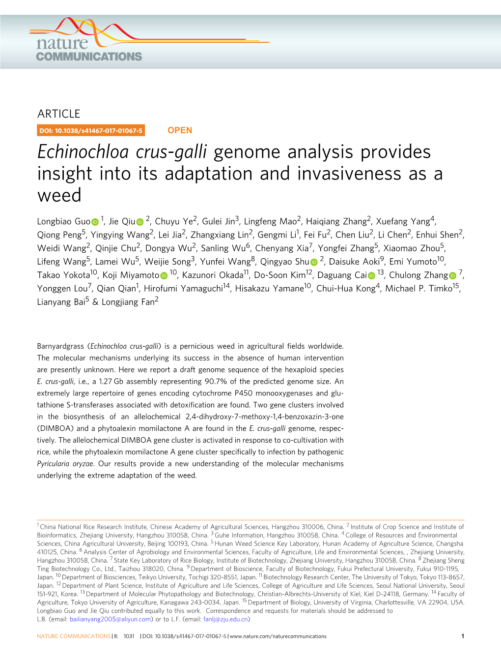 Echinochloa Crus-Galli Genome Analysis Provides Insight Into Its Adaptation and Invasiveness As a Weed