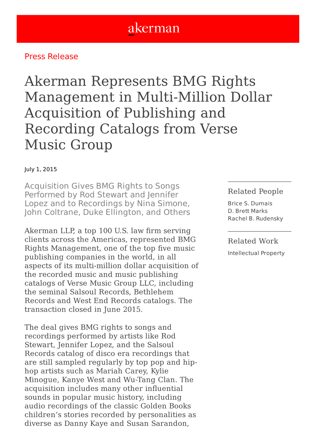 Akerman Represents BMG Rights Management in Multi-Million Dollar Acquisition of Publishing and Recording Catalogs from Verse Music Group