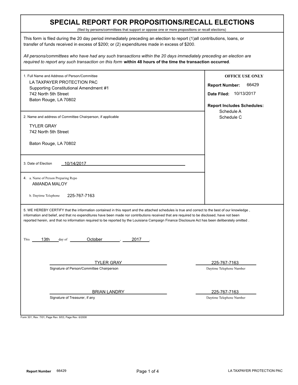 SPECIAL REPORT for PROPOSITIONS/RECALL ELECTIONS (Filed by Persons/Committees That Support Or Oppose One Or More Propositions Or Recall Elections)