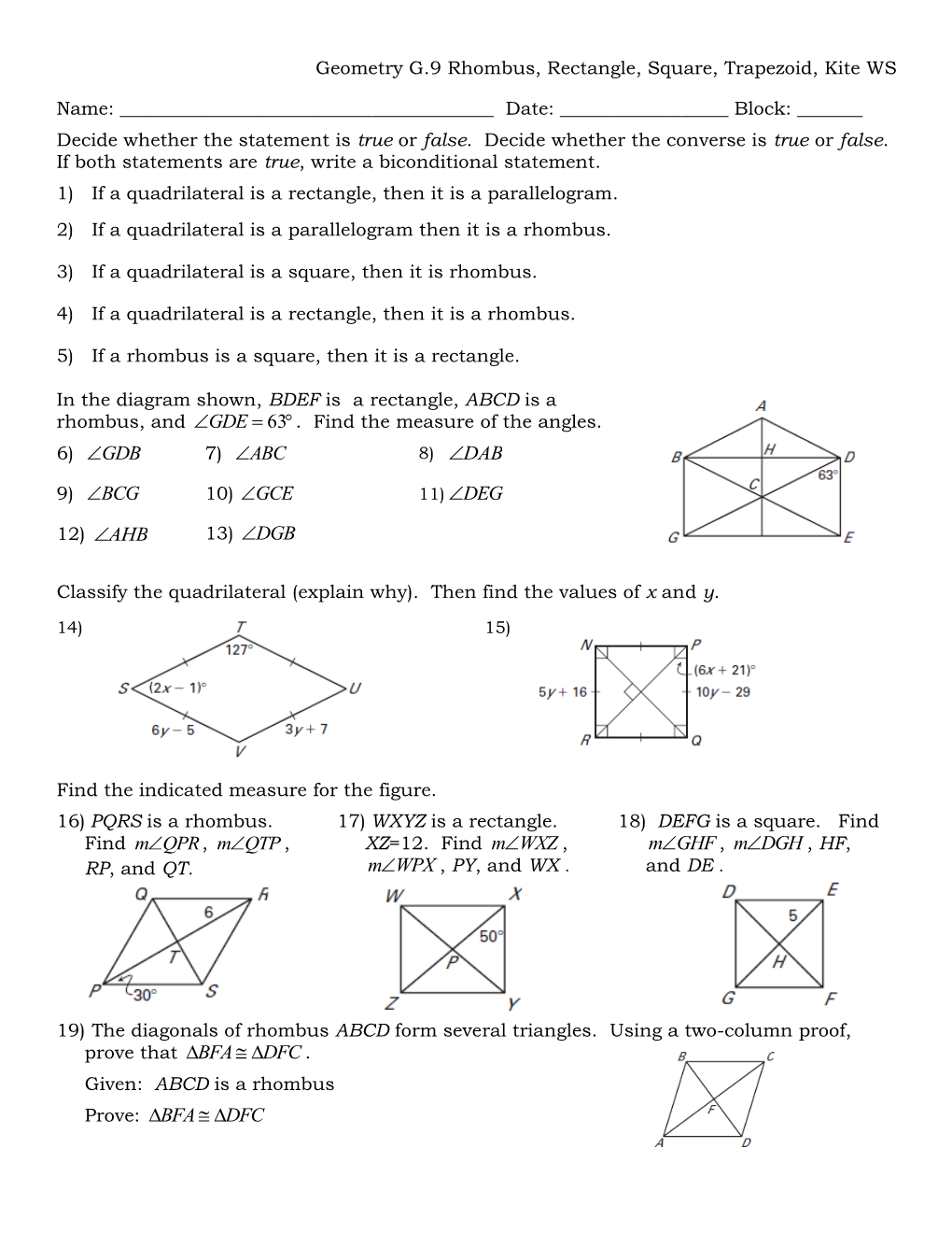 Geometry G.9 Rhombus, Rectangle, Square, Trapezoid, Kite WS Name