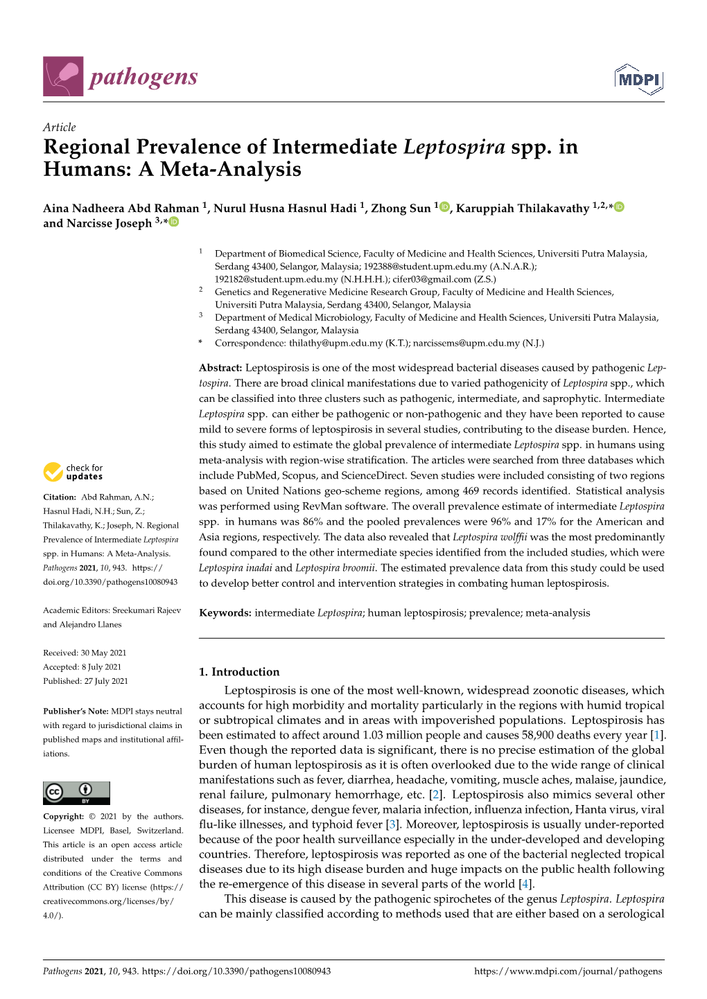 Regional Prevalence of Intermediate Leptospira Spp. in Humans: a Meta-Analysis