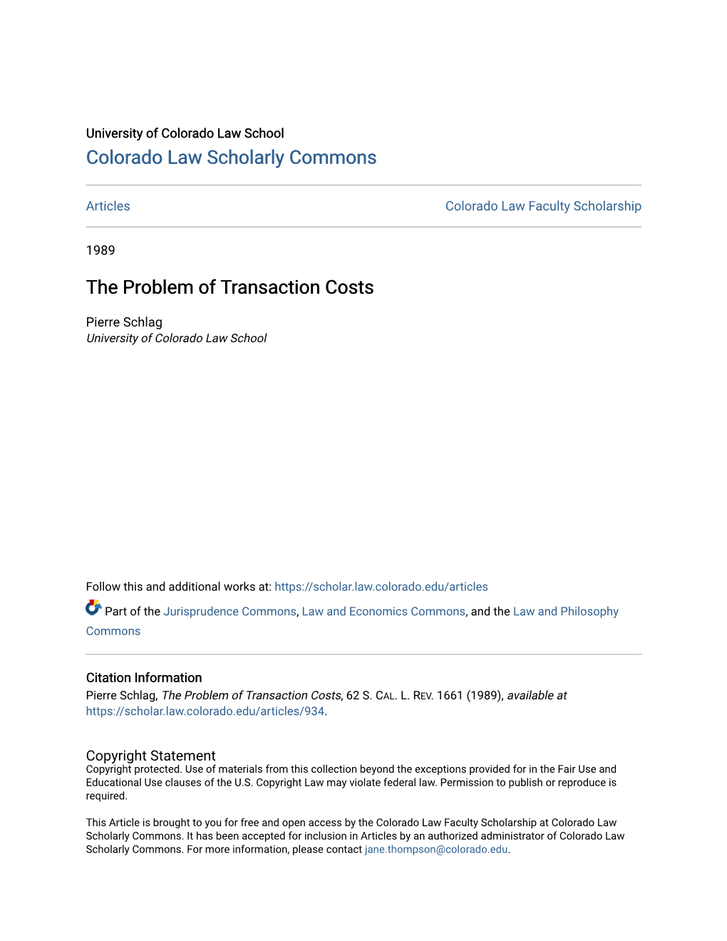 The Problem of Transaction Costs