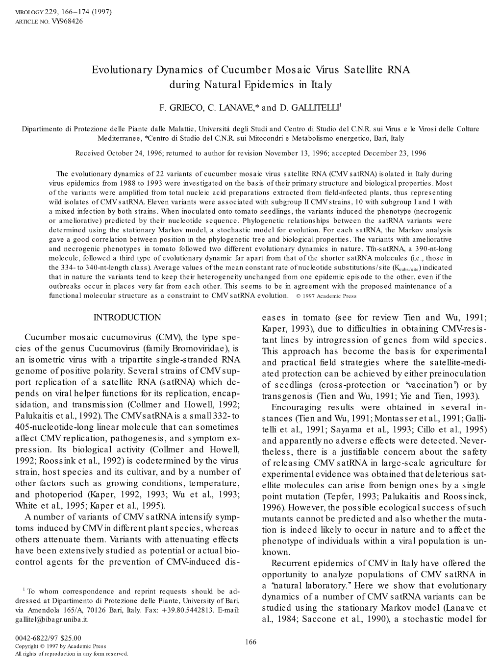 Evolutionary Dynamics of Cucumber Mosaic Virus Satellite RNA During Natural Epidemics in Italy