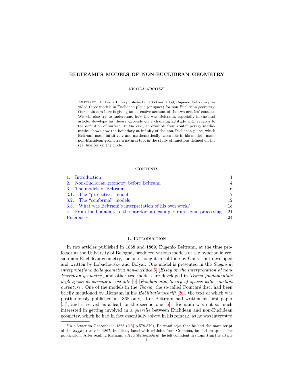 Beltrami's Models of Non-Euclidean Geometry