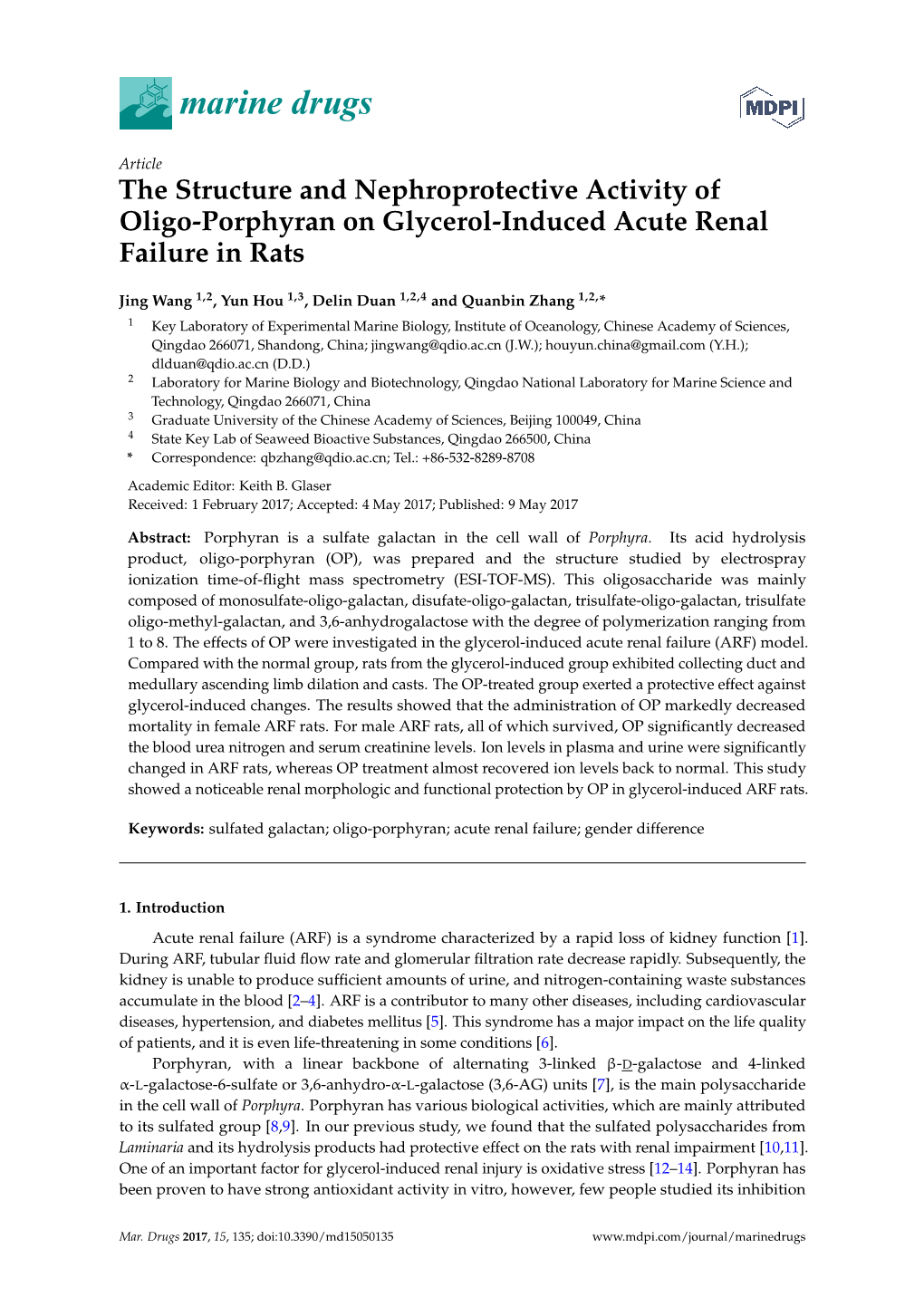 The Structure and Nephroprotective Activity of Oligo-Porphyran on Glycerol-Induced Acute Renal Failure in Rats