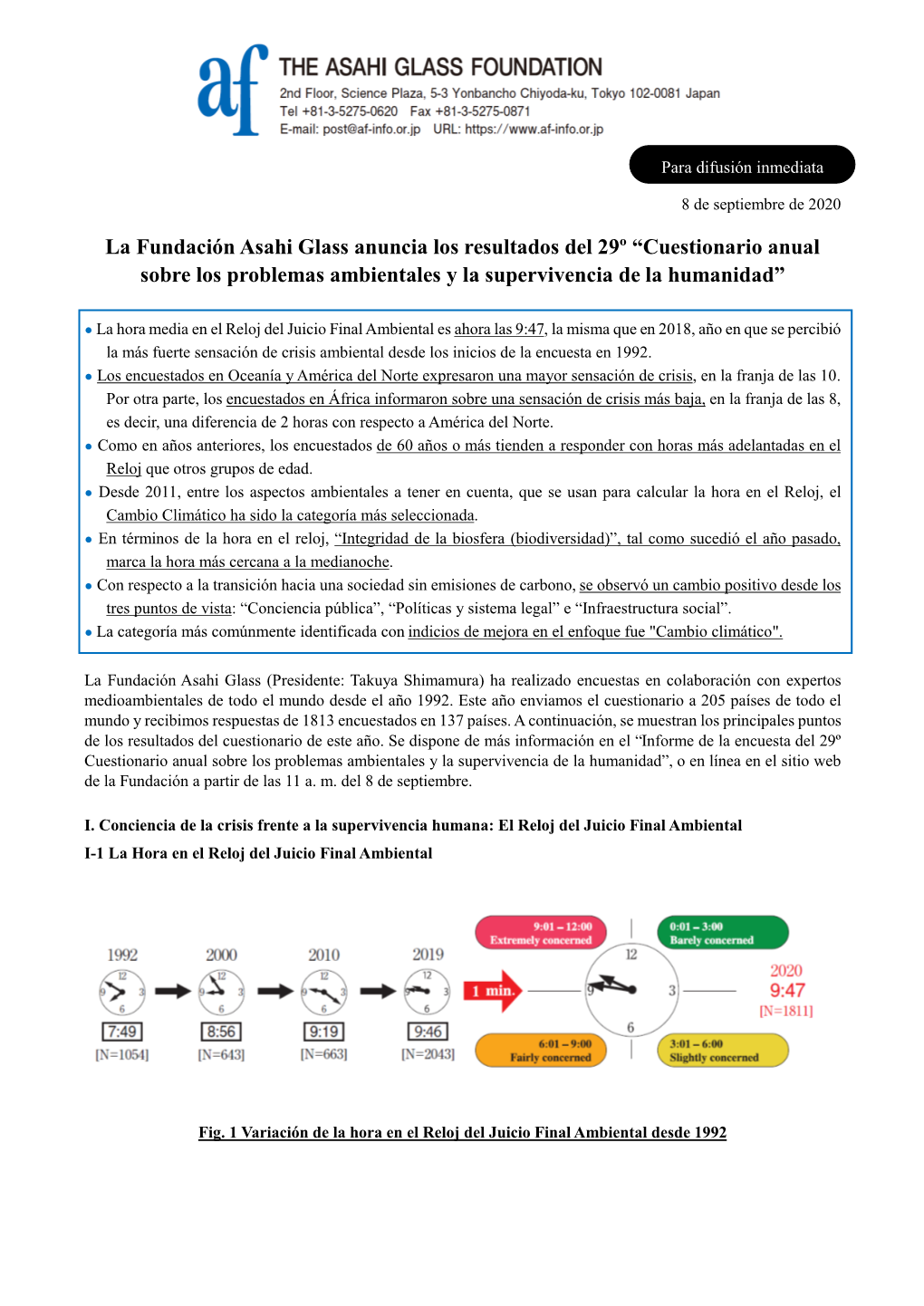 La Fundación Asahi Glass Anuncia Los Resultados Del 29º “Cuestionario Anual Sobre Los Problemas Ambientales Y La Supervivencia De La Humanidad”