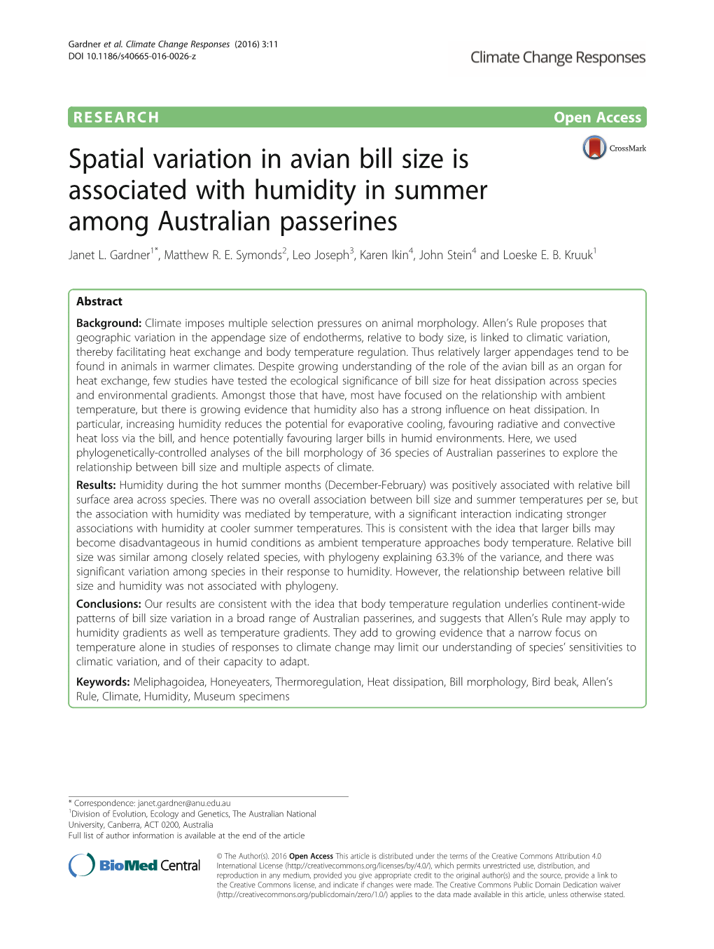 Spatial Variation in Avian Bill Size Is Associated with Humidity in Summer Among Australian Passerines Janet L