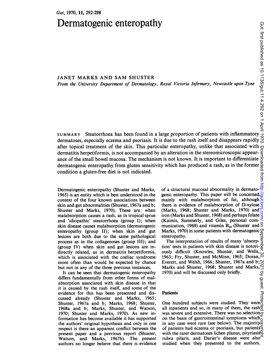 Dermatogenic Enteropathy Gut: First Published As 10.1136/Gut.11.4.292 on 1 April 1970