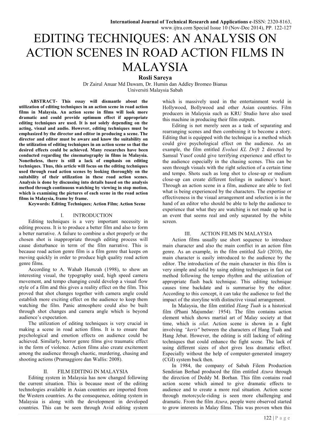 Editing Techniques an Analysis on Action Scenes in Road Action Films in Malaysia