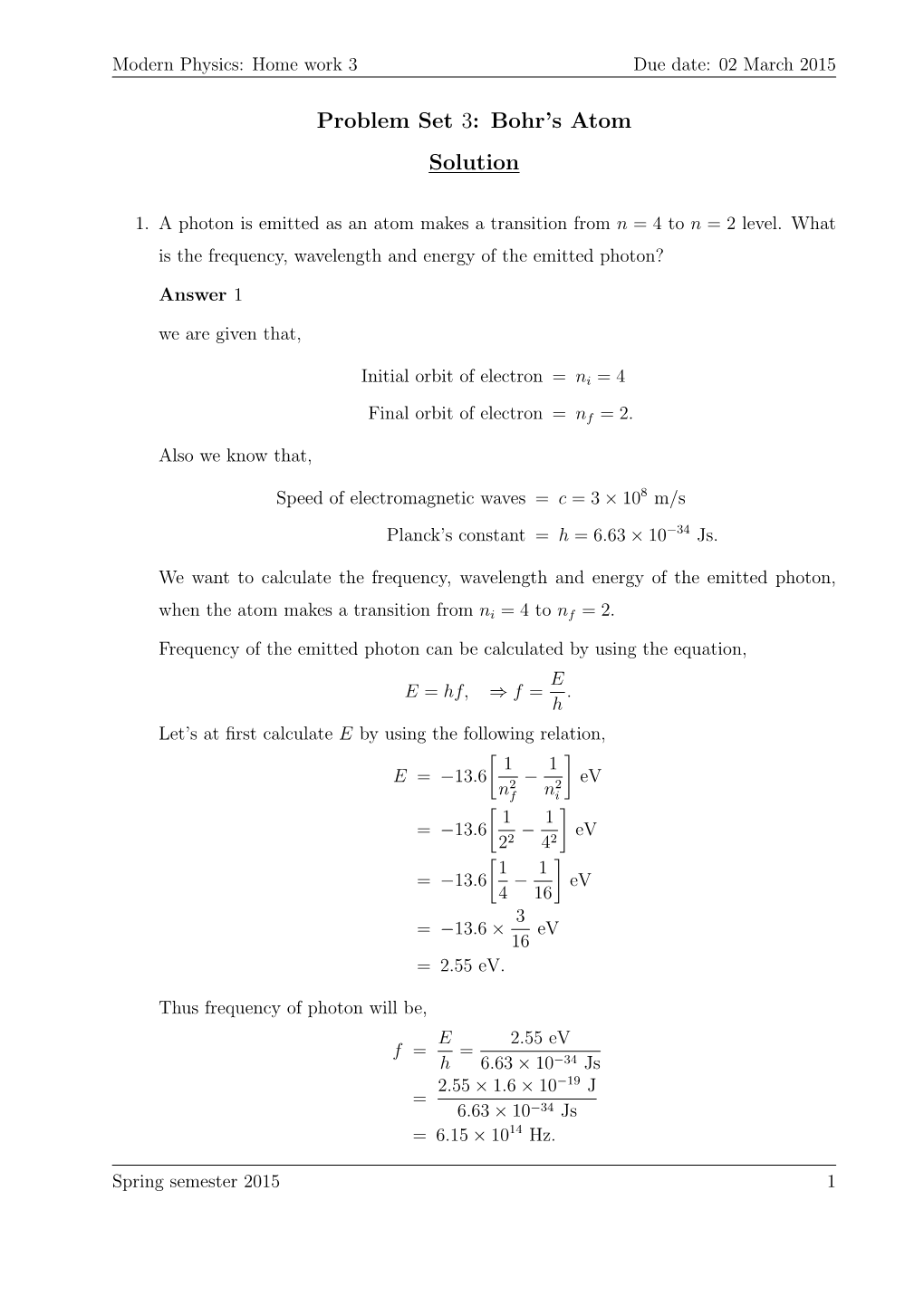 Problem Set 3: Bohr's Atom Solution