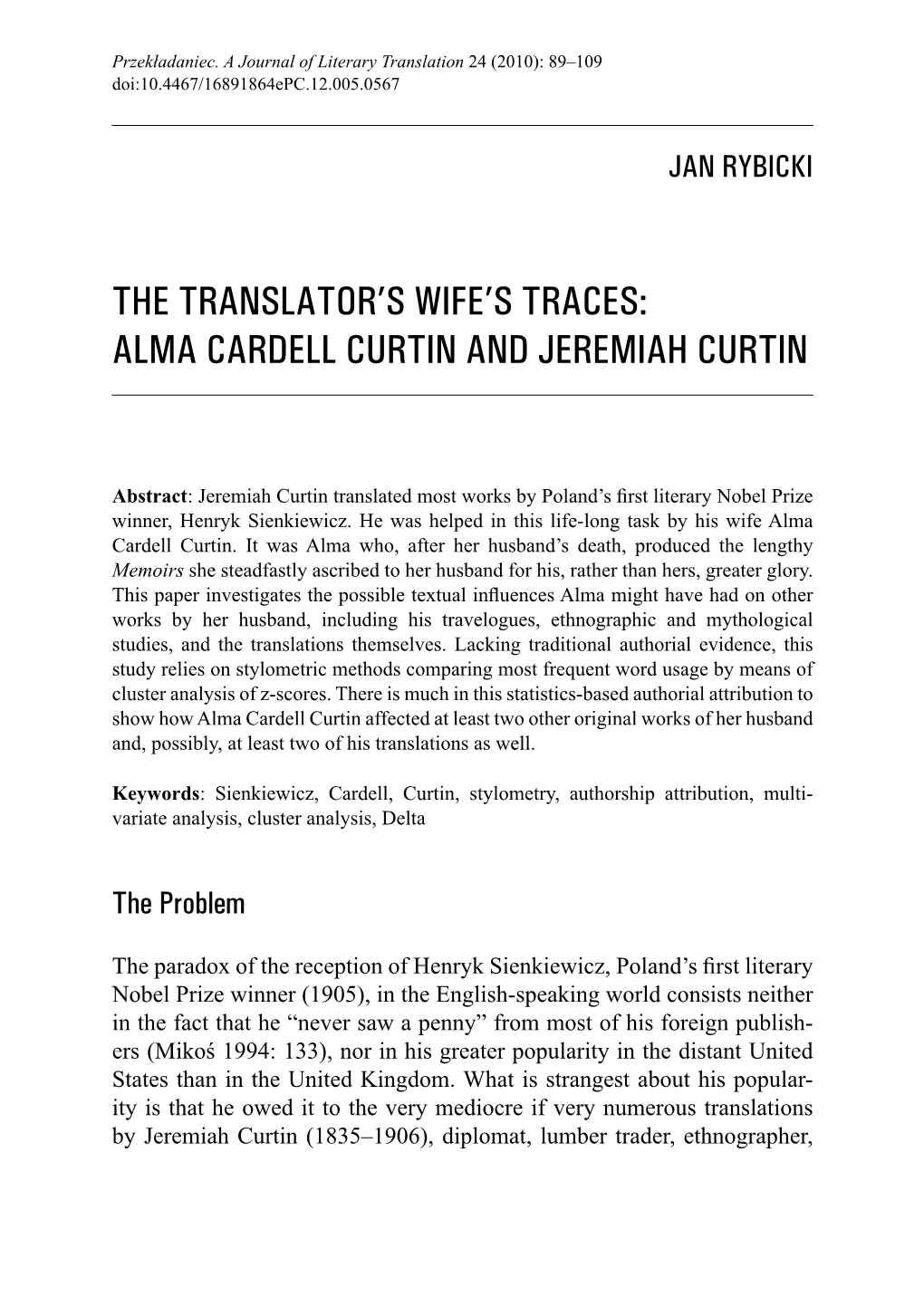 The Translator's Wife's Traces: Alma Cardell Curtin and Jeremiah Curtin