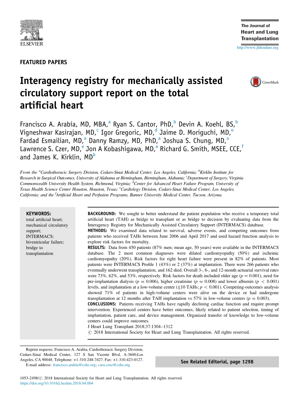 Interagency Registry for Mechanically Assisted Circulatory Support Report on the Total Artiﬁcial Heart