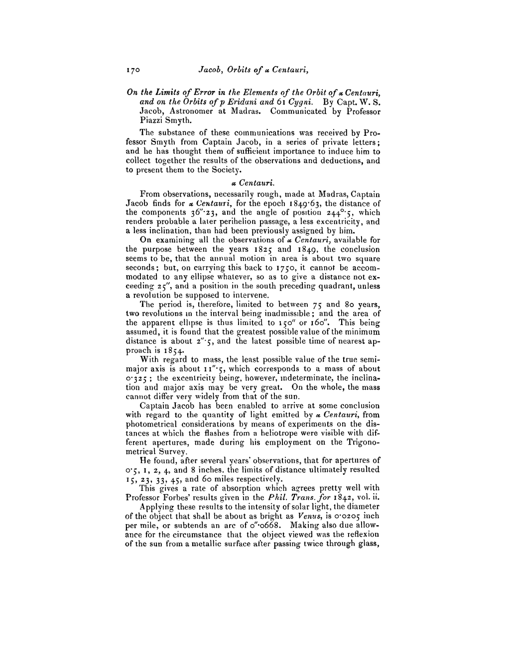 Jacob, Orbits of «, Centauri, on the Limits Oj Error in the Elements of the Orbit of «, Centauri, and on the 01'Bits Ofp Erida