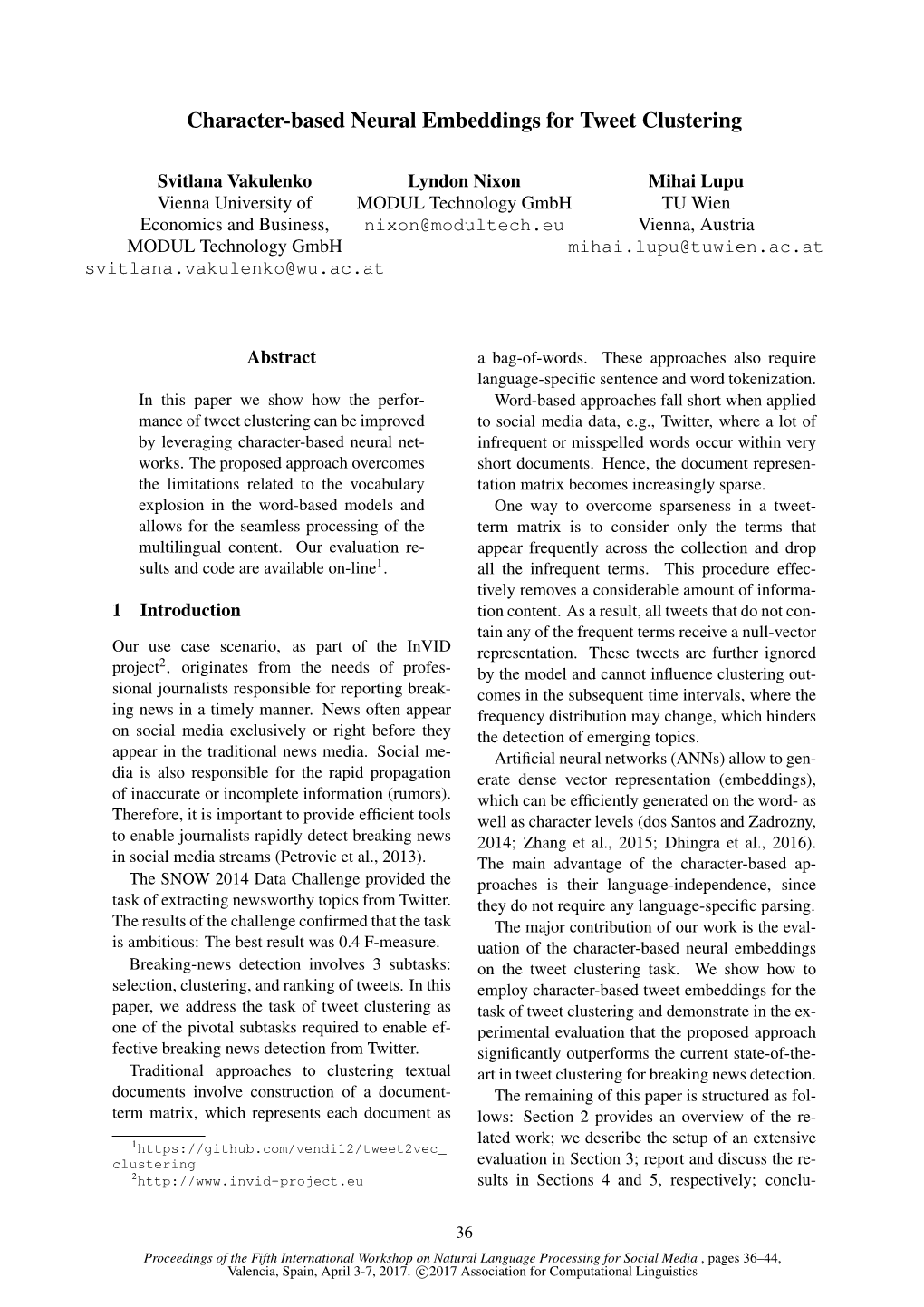 Character-Based Neural Embeddings for Tweet Clustering