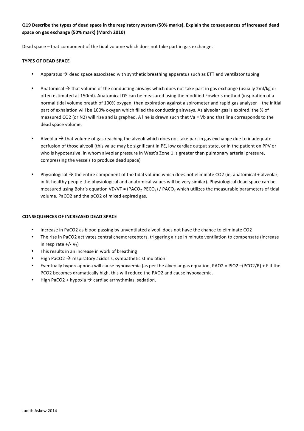 Q19 Describe the Types of Dead Space in the Respiratory System (50% Marks)