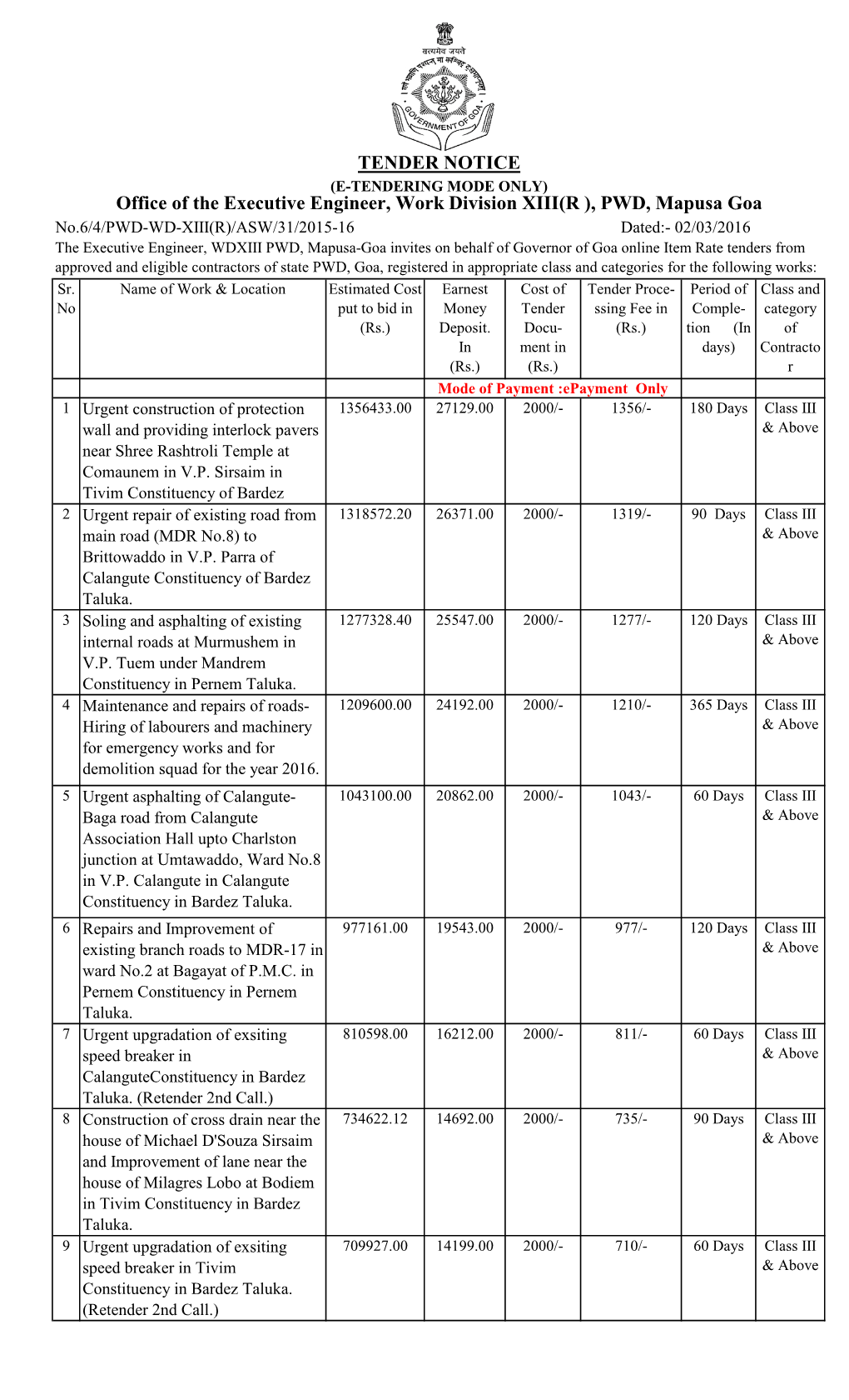 TENDER NOTICE Office of the Executive Engineer, Work Division XIII(R ), PWD, Mapusa