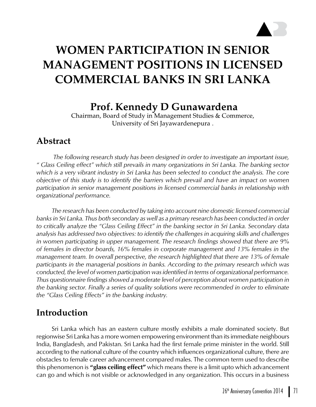 Women Participation in Senior Management Positions in Licensed Commercial Banks in Sri Lanka