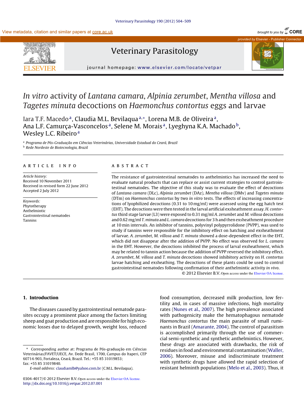 In Vitro Activity of Lantana Camara, Alpinia Zerumbet, Mentha Villosa And