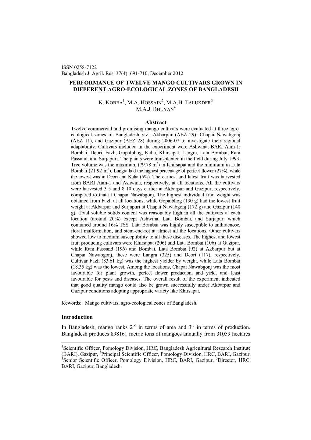 Performance of Twelve Mango Cultivars Grown in Different Agro-Ecological Zones of Bangladesh