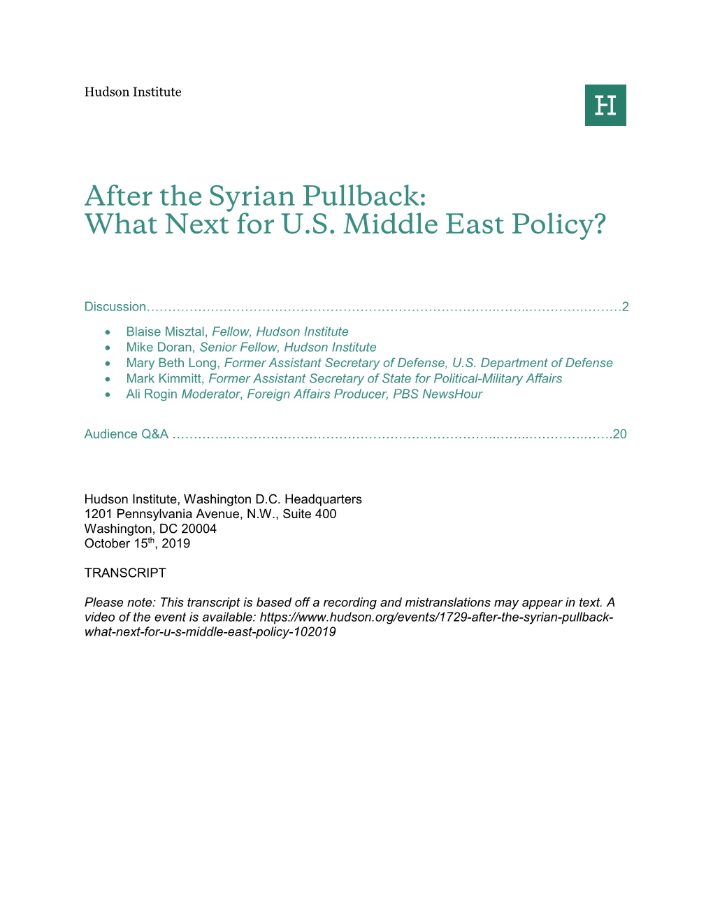 After the Syrian Pullback: What Next for U.S. Middle East Policy?