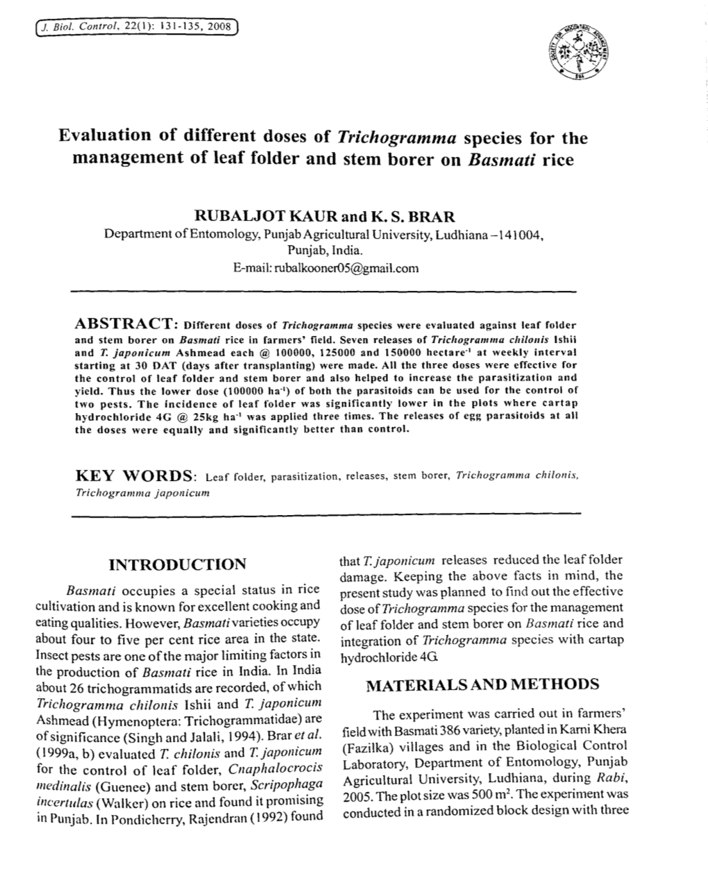 Evaluation of Different Doses of Trichogramma Species for the Management of Leaf Folder and Stem Borer on Basmati Rice