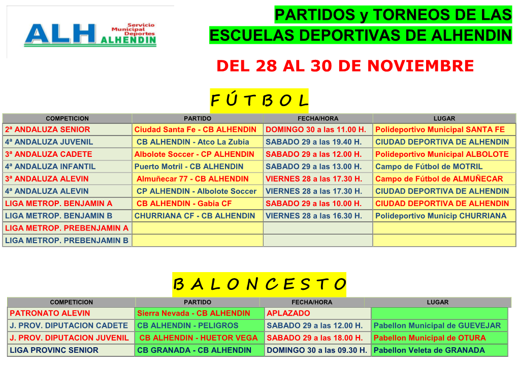 PARTIDOS Y TORNEOS DE LAS ESCUELAS DEPORTIVAS DE ALHENDIN DEL 28 AL 30 DE NOVIEMBRE F Ú T B O L B a L O N C E S