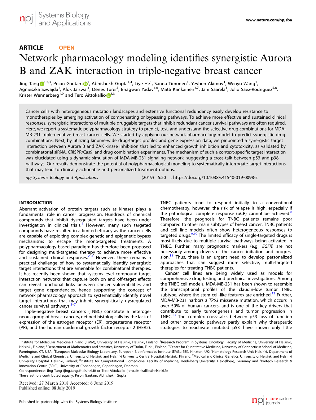 Network Pharmacology Modeling Identifies Synergistic Aurora B And