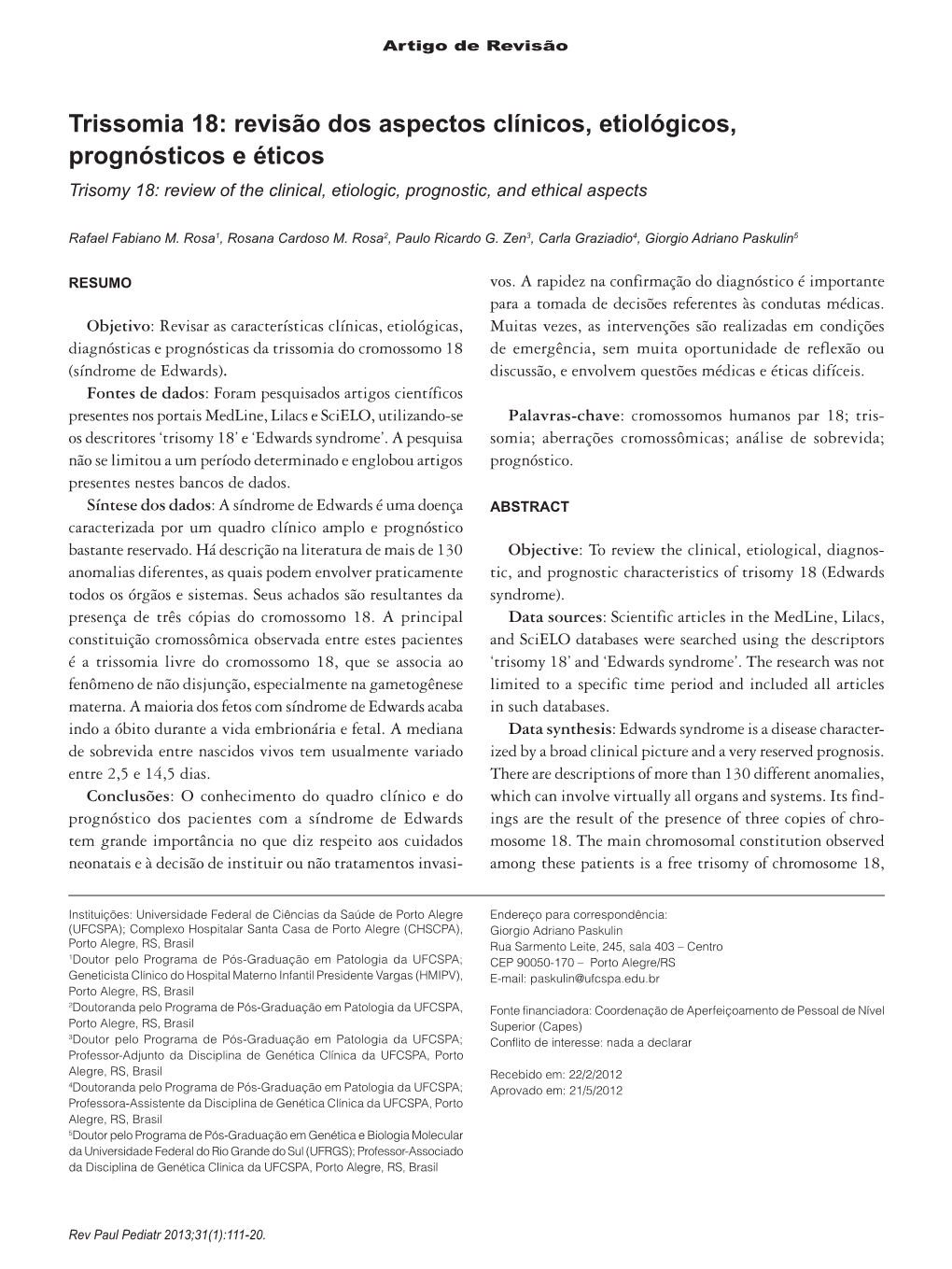 Trisomy 18: Review of the Clinical, Etiologic, Prognostic, and Ethical Aspects