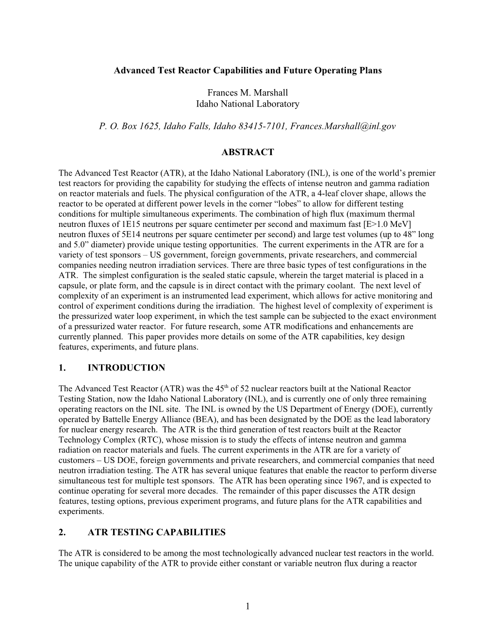 Advanced Test Reactor Testing Experience