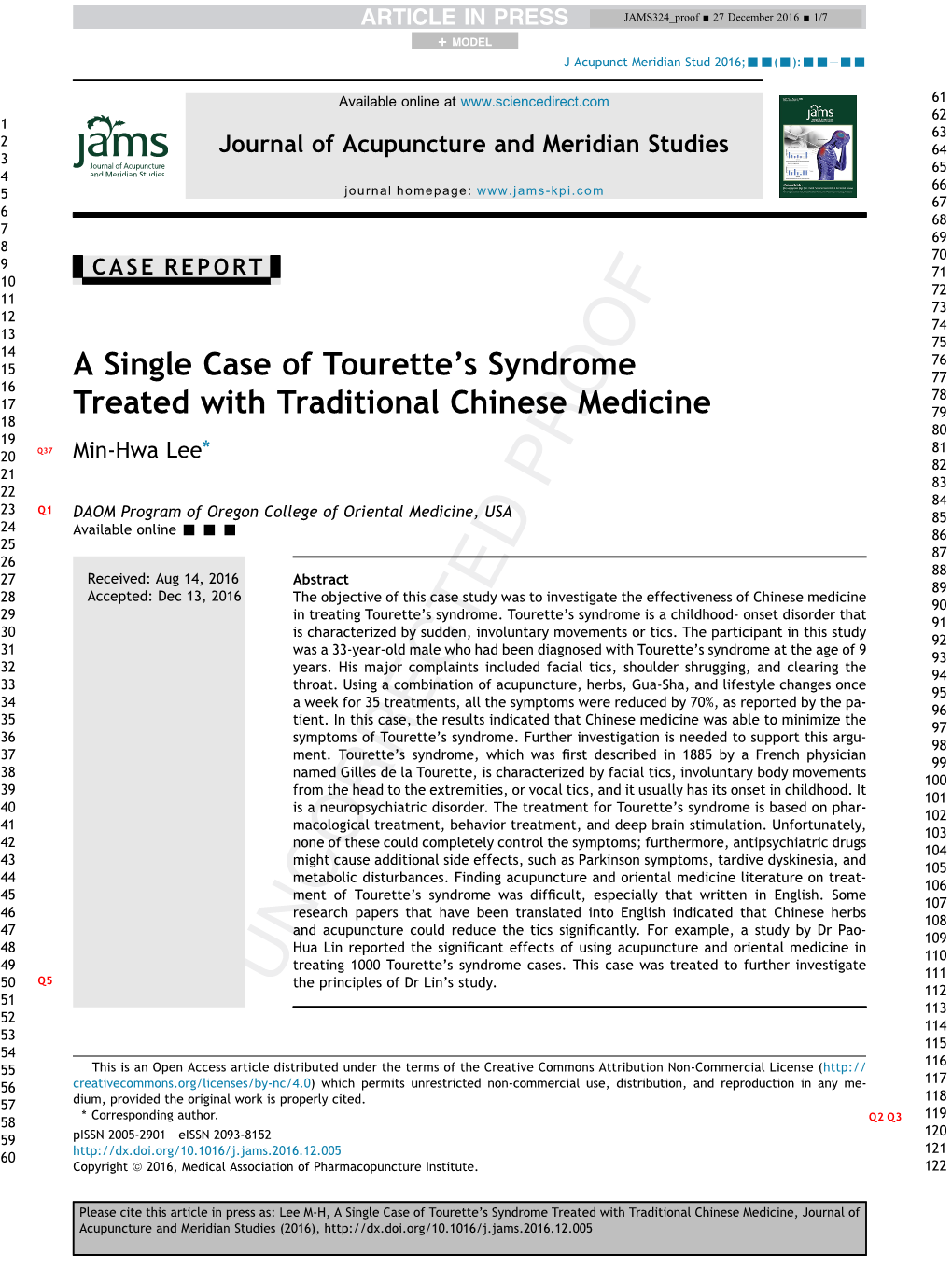 A Single Case of Tourette's Syndrome Treated with Traditional Chinese