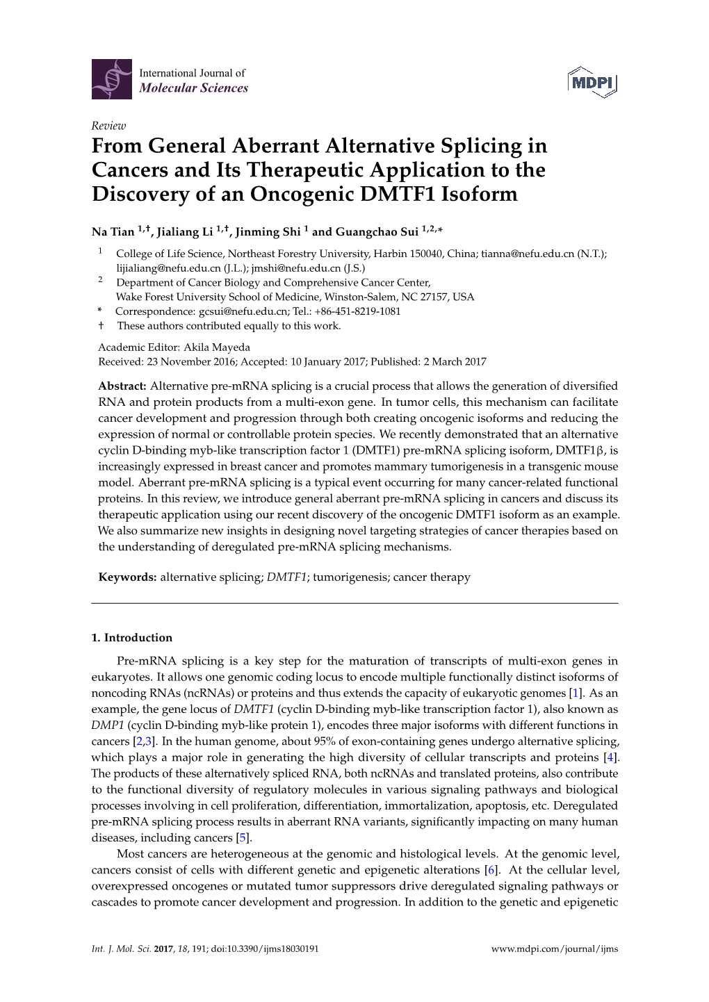 From General Aberrant Alternative Splicing in Cancers and Its Therapeutic Application to the Discovery of an Oncogenic DMTF1 Isoform