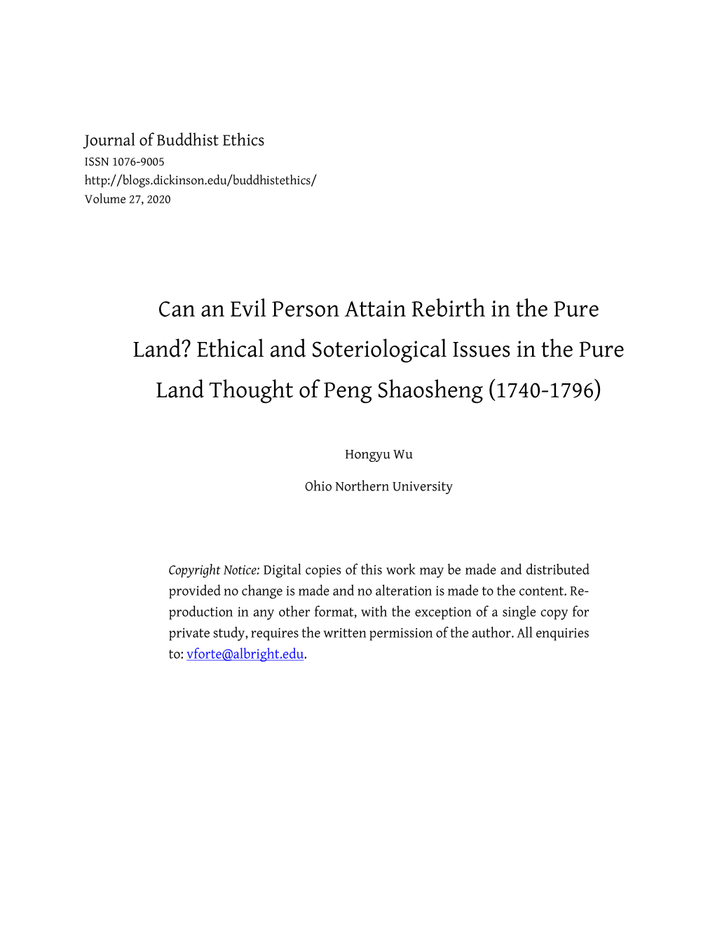 Ethical and Soteriological Issues in the Pure Land Thought of Peng Shaosheng (1740-1796)