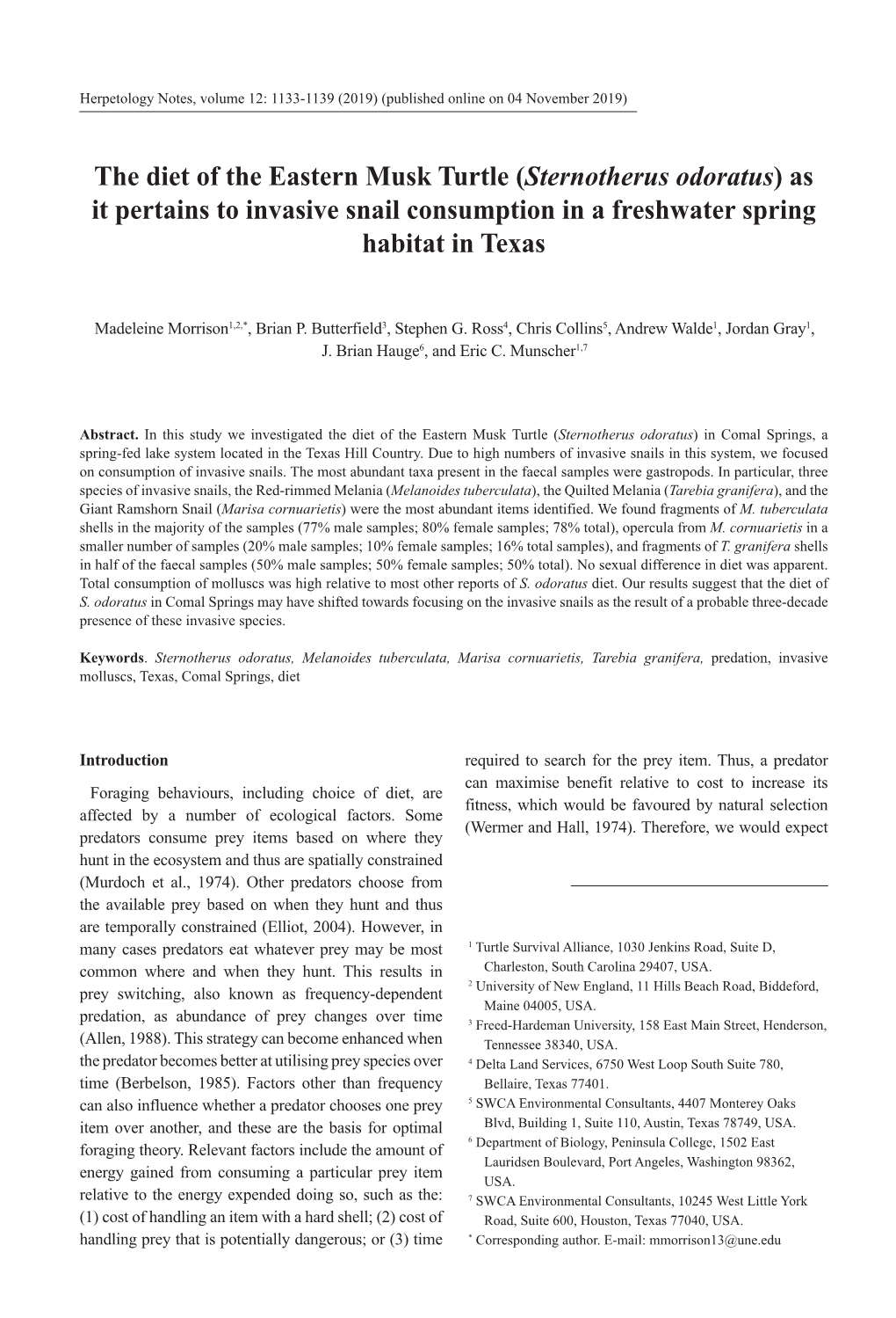 The Diet of the Eastern Musk Turtle (Sternotherus Odoratus) As It Pertains to Invasive Snail Consumption in a Freshwater Spring Habitat in Texas