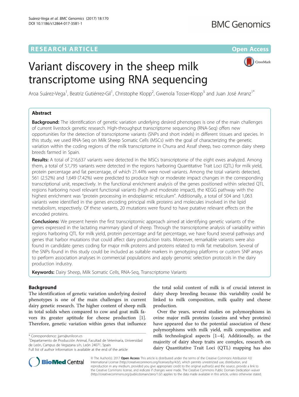 Variant Discovery in the Sheep Milk Transcriptome Using RNA Sequencing