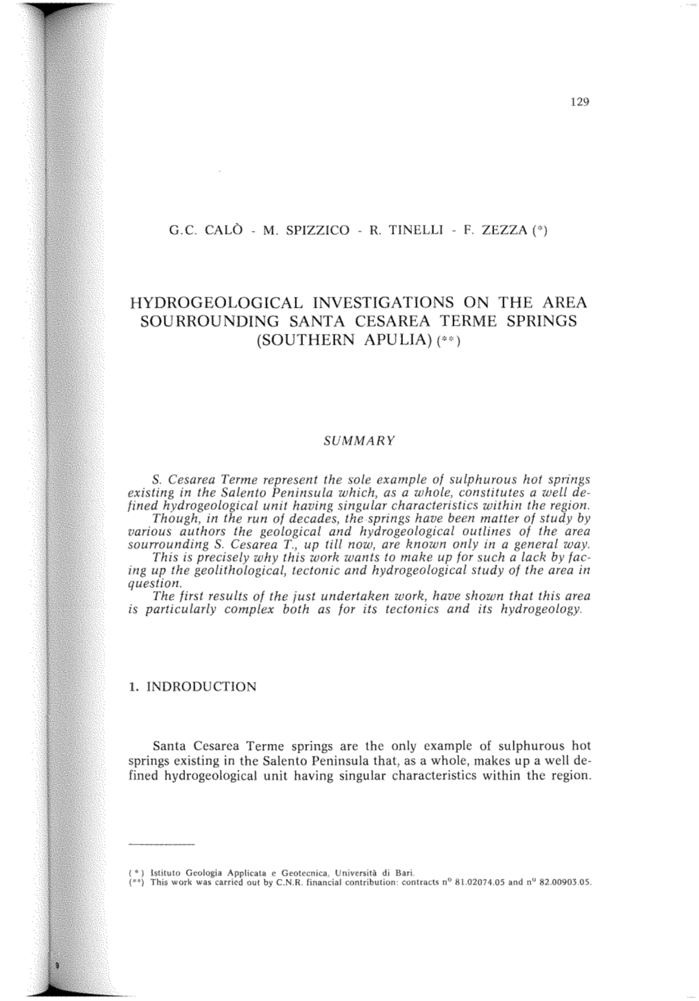 Hydrogeological Investigations on the Area Sourrounding Santa Cesarea Terme Springs (Southern Apulia) (*