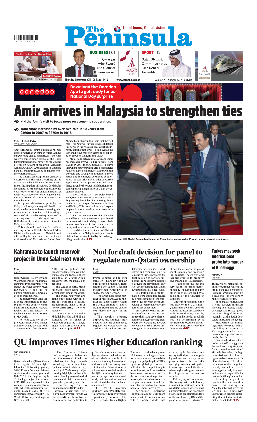 Amir Arrives in Malaysia to Strengthen Ties H H the Amir’S Visit to Focus More on Economic Cooperation
